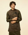 alt message - Manyavar Men Olive Green Bel Buti Patterned Kurta Jacket Set image number 0